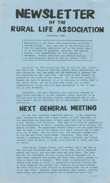 Newsletter of the Rural Life Association; September 1984