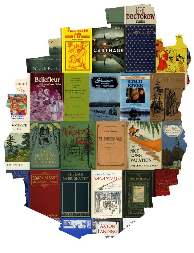 The covers of Adirondack-based books making up the shape of the region
