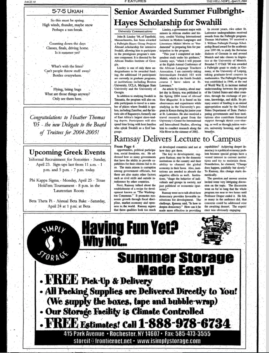 Senior Awarded Fulbright-Hayes Scholarship for Swahili