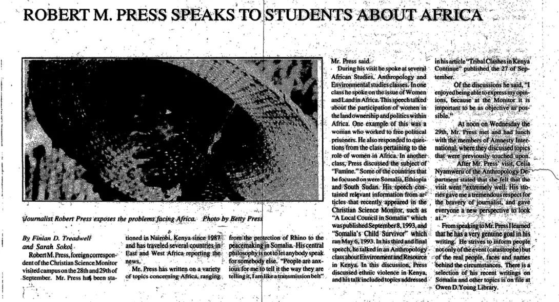 Robert M. Press Speaks to Students About Africa